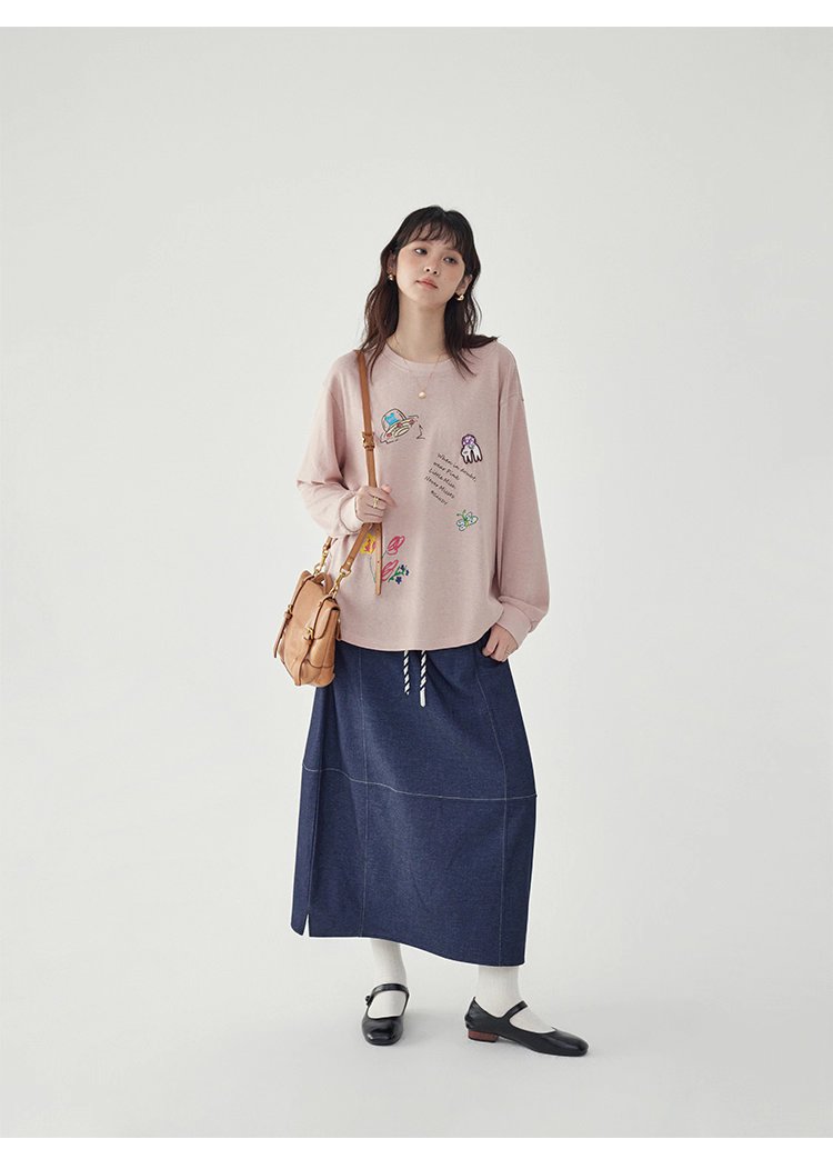 藍色鬆緊腰a字半身裙女秋季新款百搭抽繩中長裙