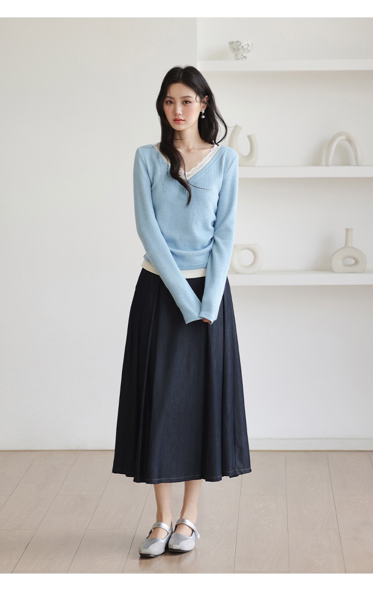 大尺碼蕾絲拼接V領針織衫女秋裝假兩件上衣