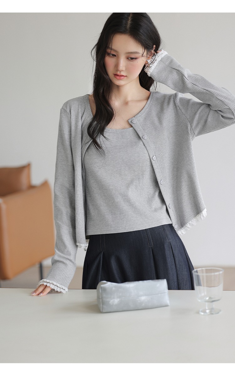 大尺碼灰色針織衫女吊帶背心初秋穿搭氣質套裝兩件式上衣