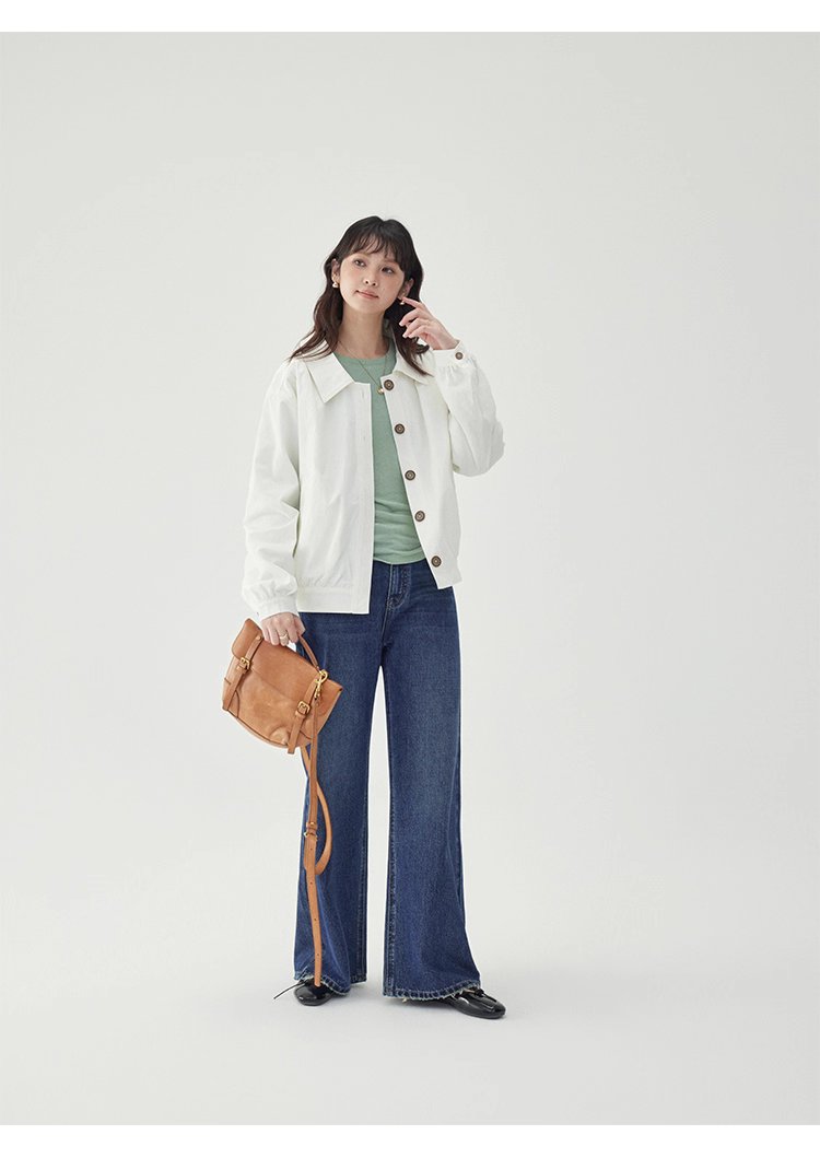 白色單排扣polo領長袖外套女25秋季新款寬鬆上衣