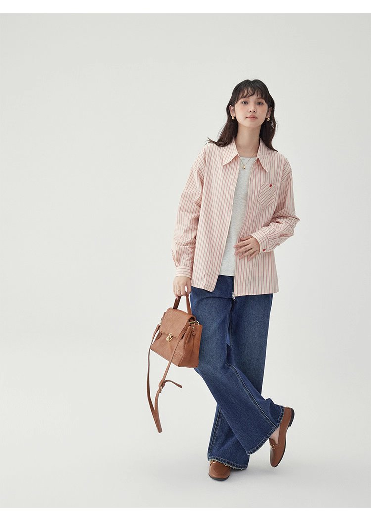 粉紅色圖案雙拉鍊長袖襯衫女秋季新款純棉外套上衣