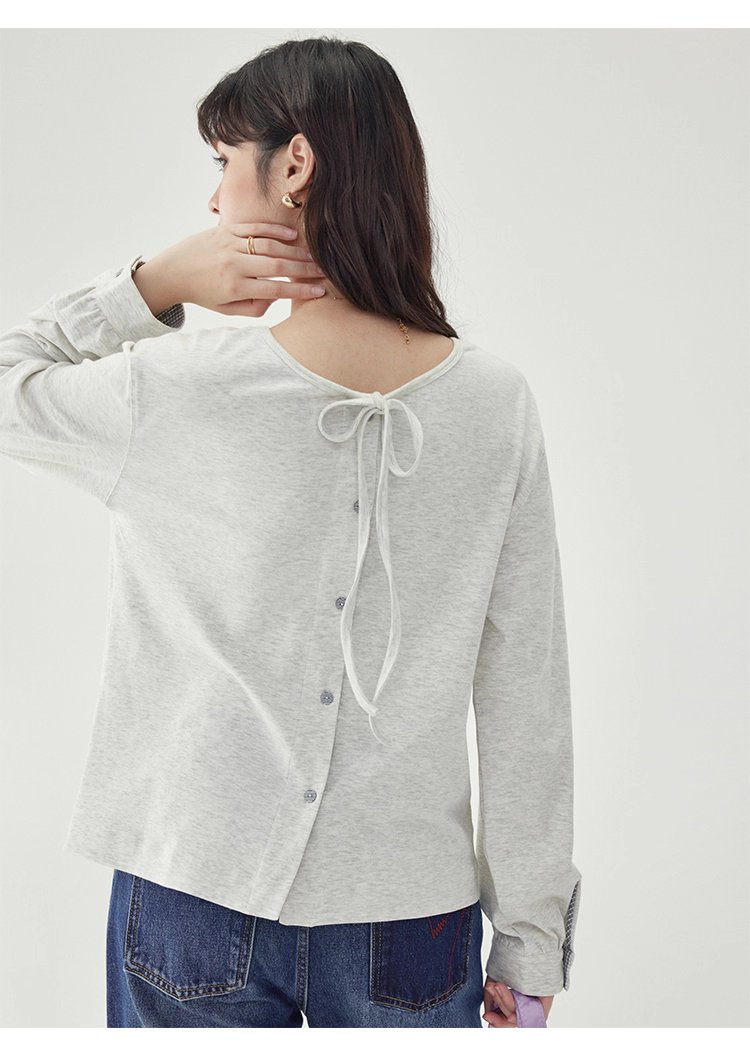 後排扣繫帶圓領衛衣T恤女秋季新款寬鬆長袖上衣