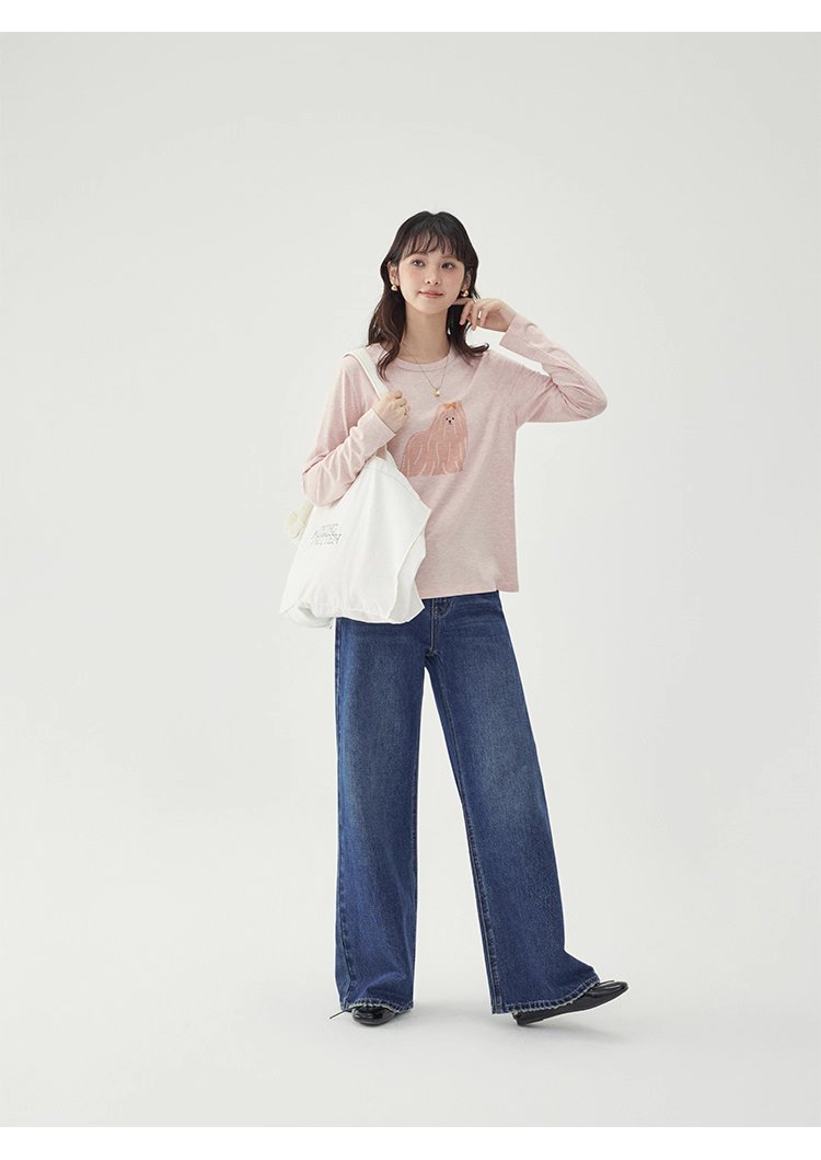 粉紅小狗印花長袖T恤女25秋季全新寬鬆減齡上衣