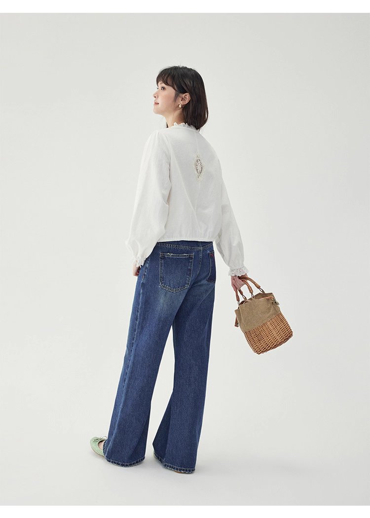 花邊長袖後貼花片白襯衫女秋季新款甜美純棉上衣