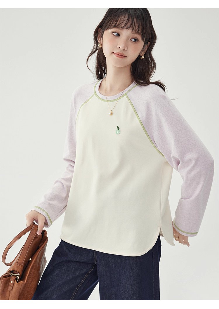 撞色插肩長袖側開叉T恤女秋季新款減齡刺繡上衣