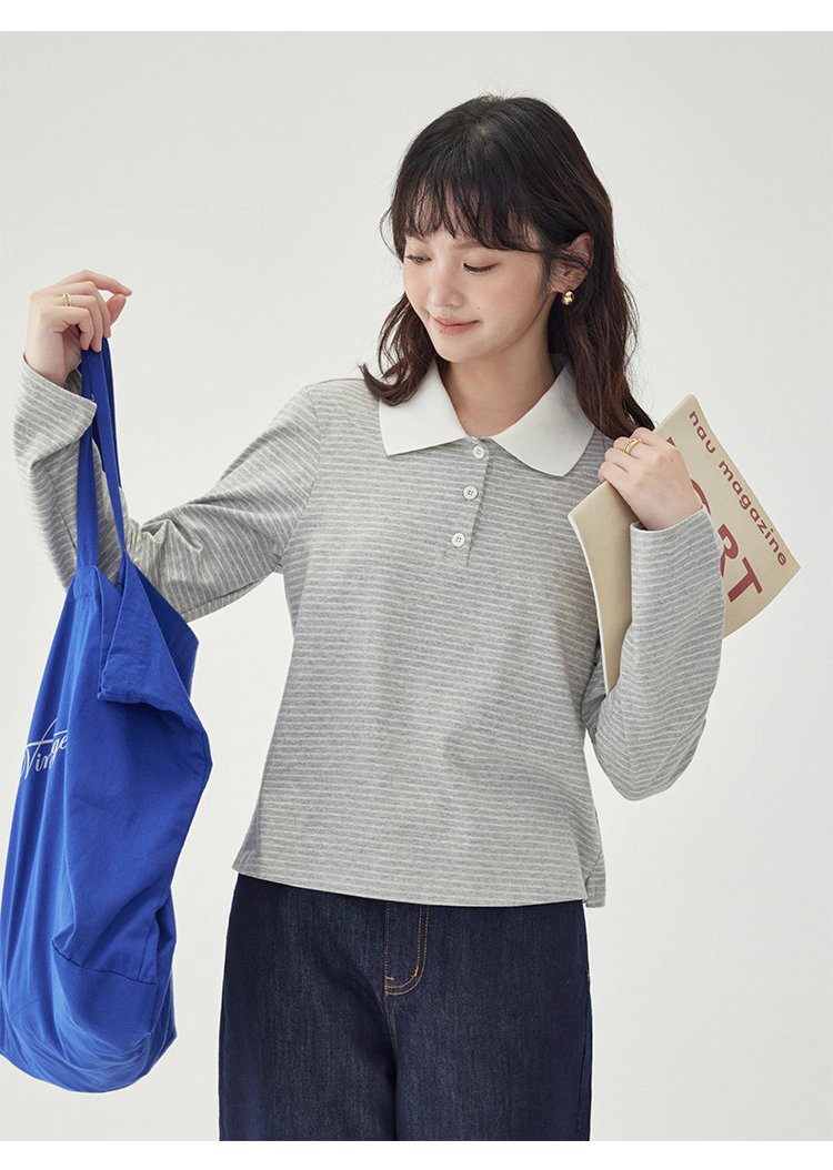灰色條紋polo半開領t卹女秋季新款寬鬆長袖上衣