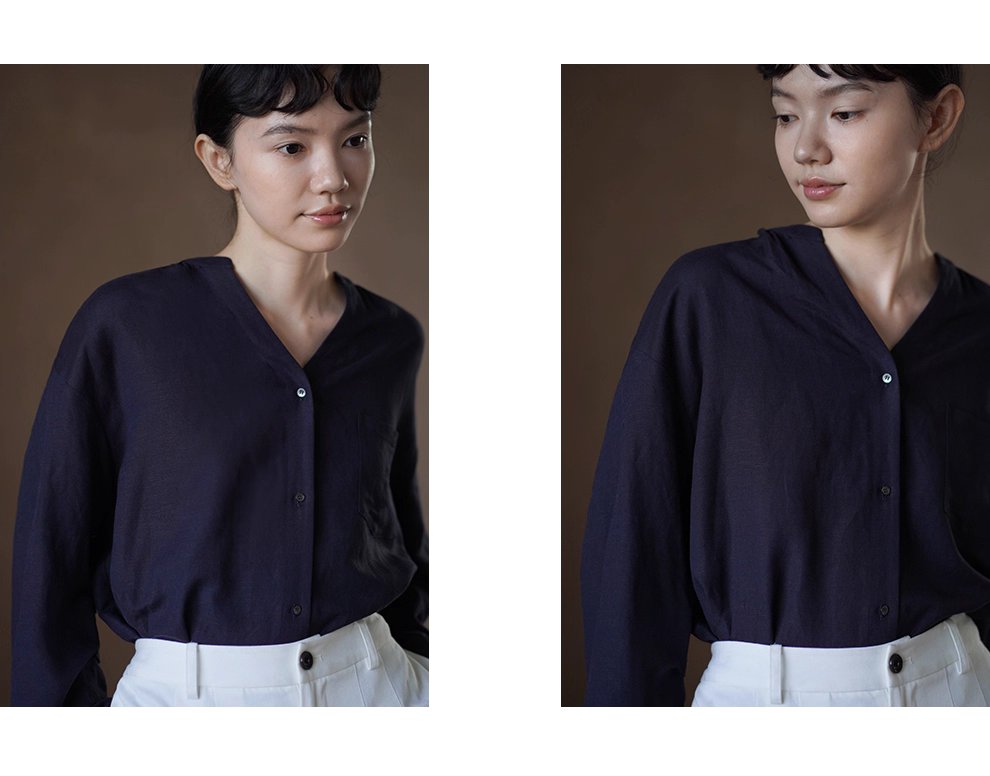 海上航線亞麻混紡透氣挺括質感V領寬鬆顯瘦通勤長袖襯衫