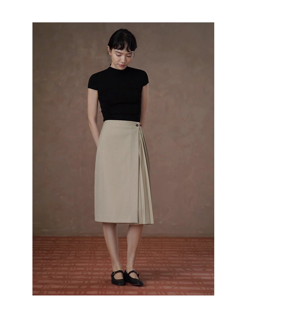 法式通勤一片圍裹式寬鬆直筒高腰不對稱壓褶顯瘦半身裙