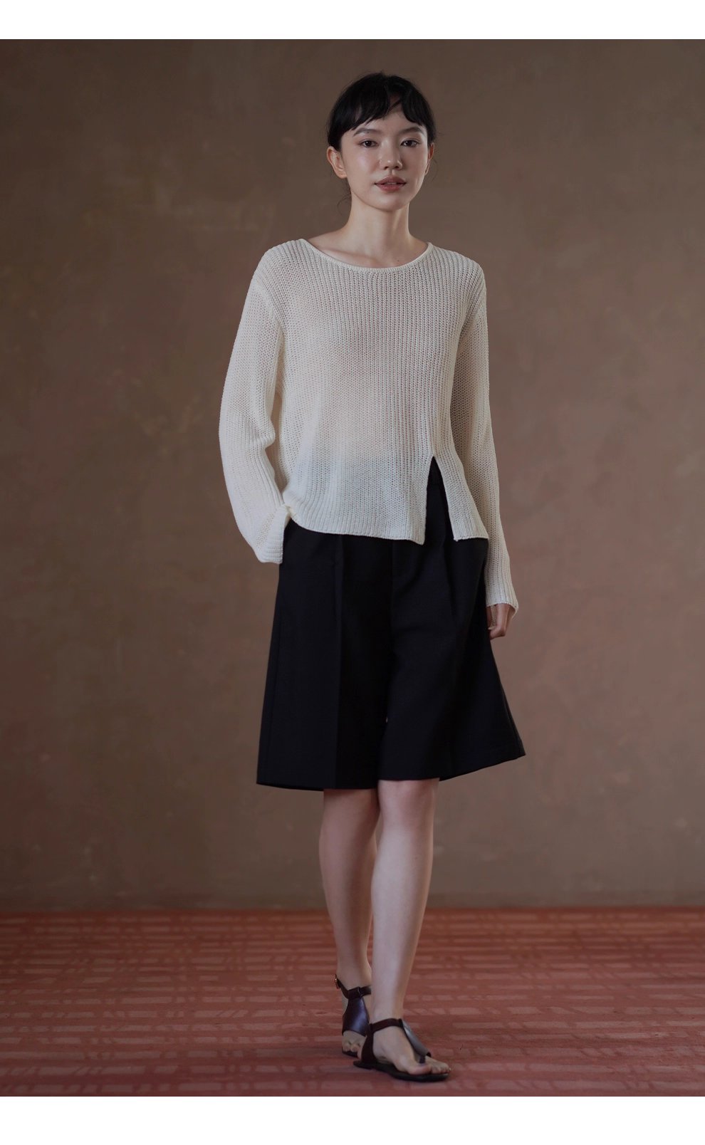 晴空白塔針織鏤空編織肌理感寬鬆顯瘦開叉長袖通勤罩衫