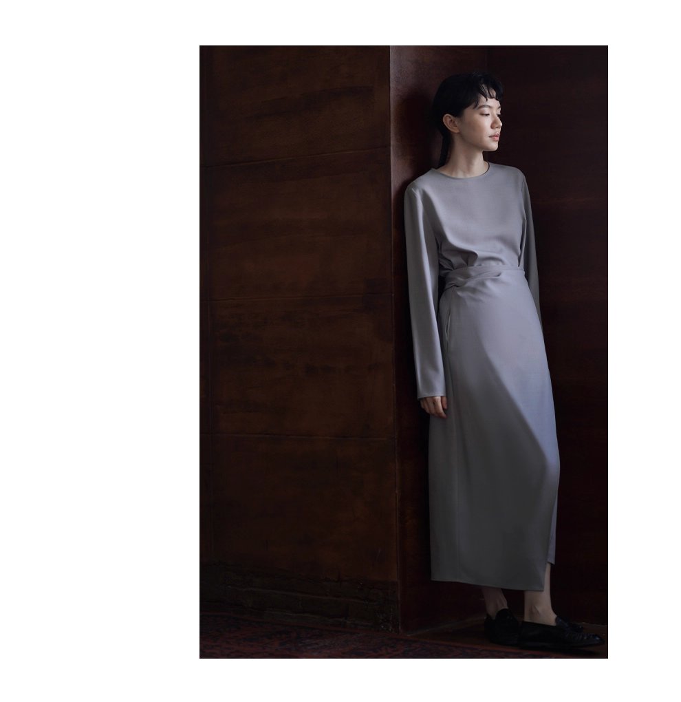 優雅認證高品質TR料簡約圍裹式綁帶收腰長顯瘦洋裝