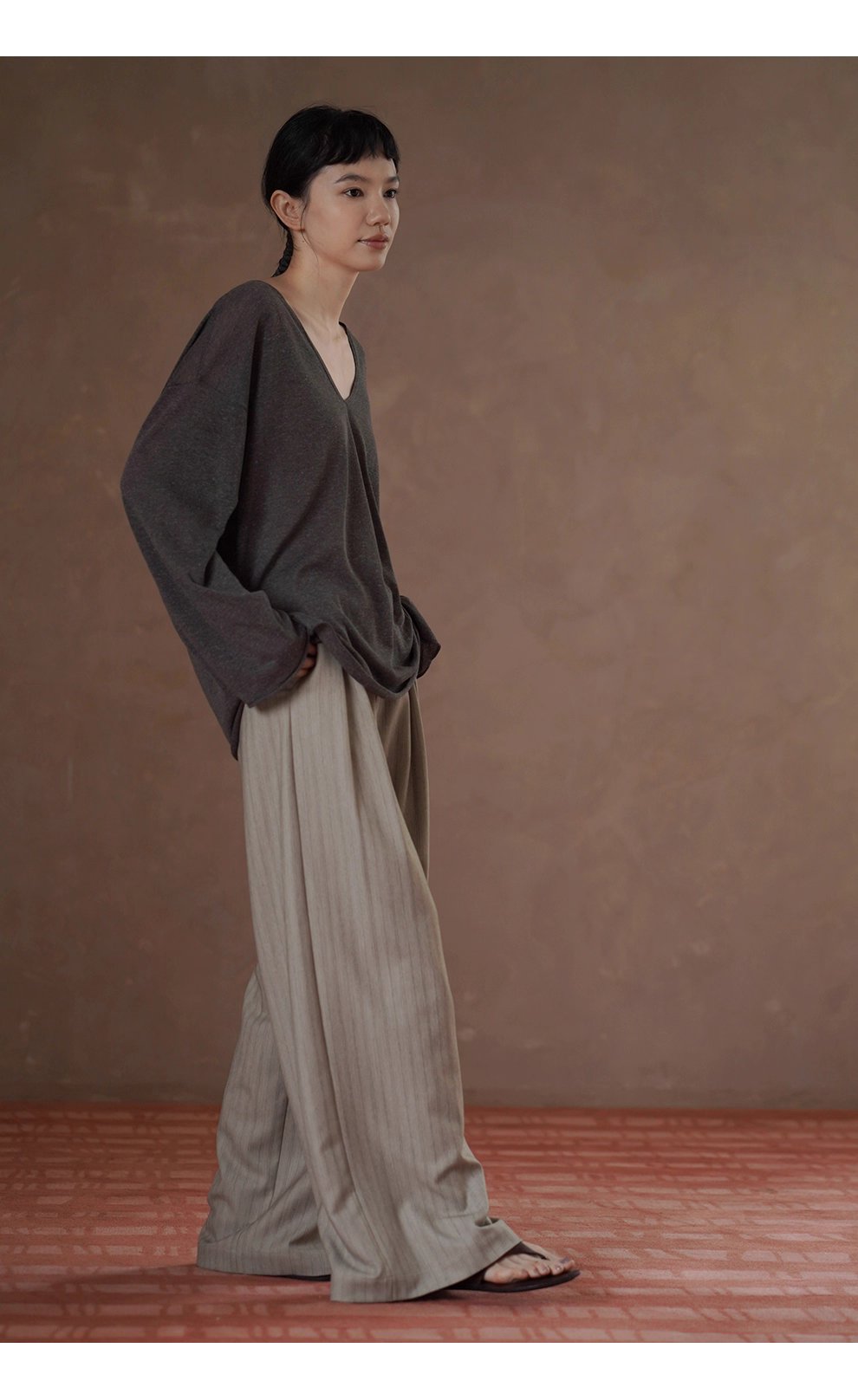 紙片人V領慵懶罩衫清爽天絲亞麻紗線寬鬆顯瘦長袖上衣女