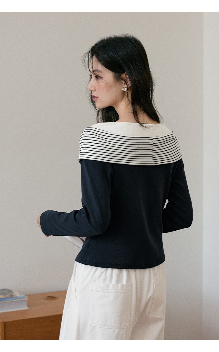 大尺碼條紋飄帶拼接T恤女秋季海軍風上衣