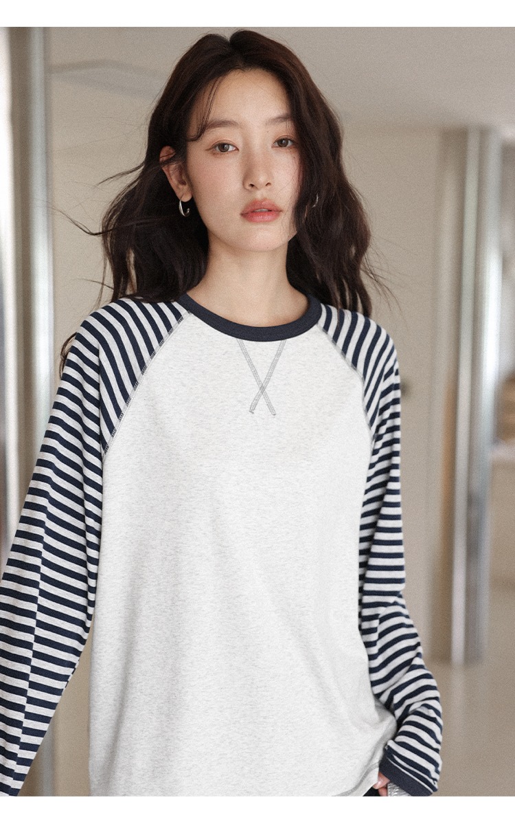 條紋長袖花灰色T恤女2025全新內搭秋裝大尺碼遮肚上衣