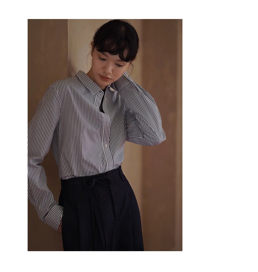 高品質100棉色織條紋法國經典寬鬆通勤可拆式蝴蝶結襯衫