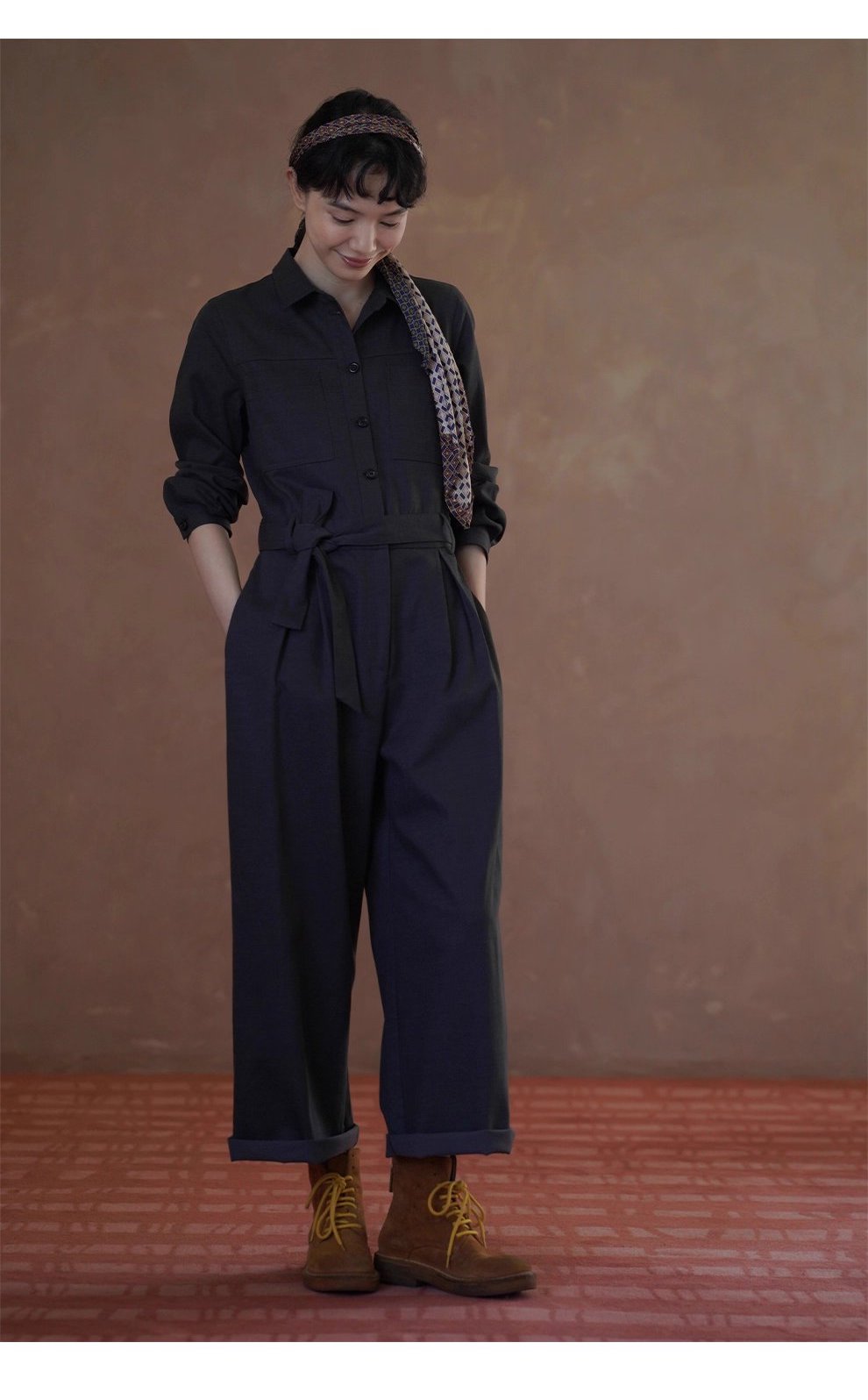 酷颯都市工裝寬鬆襯衫領闊腿顯瘦萊賽爾棉通勤連身褲