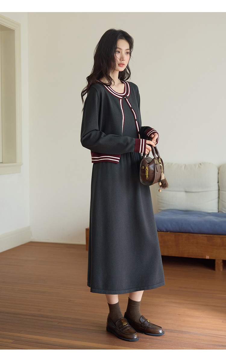 大尺碼套裝背心連身裙洋裝針織開襟衫兩件套裝