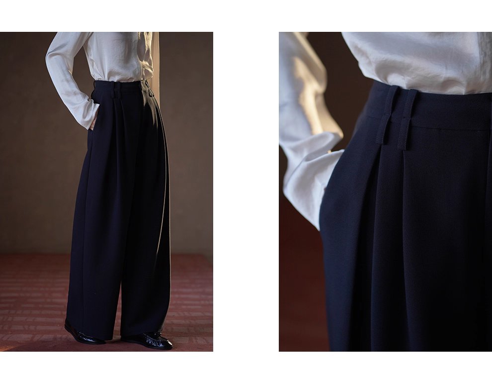 鬆弛顯瘦版型雙面織造斜紋西褲布料高腰闊腿通勤長褲女