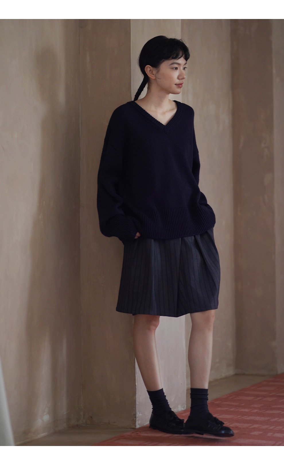 品質暗條紋肌理感斜門襟中長百褶高腰顯瘦學院風半身裙