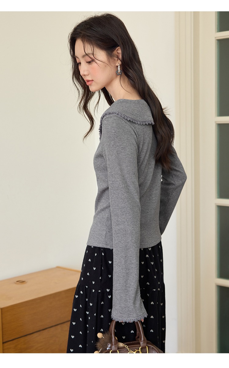 中大尺碼胖mm灰色針織衫女新款長袖斜領上衣