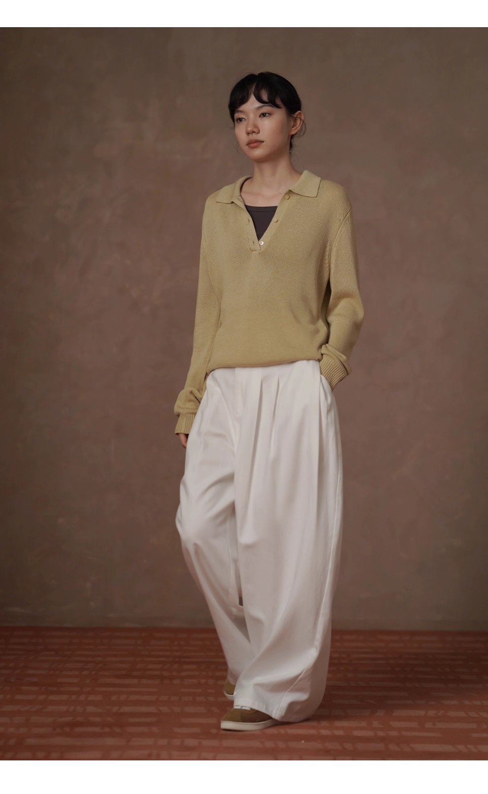 溫和薑茶亞麻鬆弛寬鬆復古顯瘦Polo領針織落肩通勤上衣