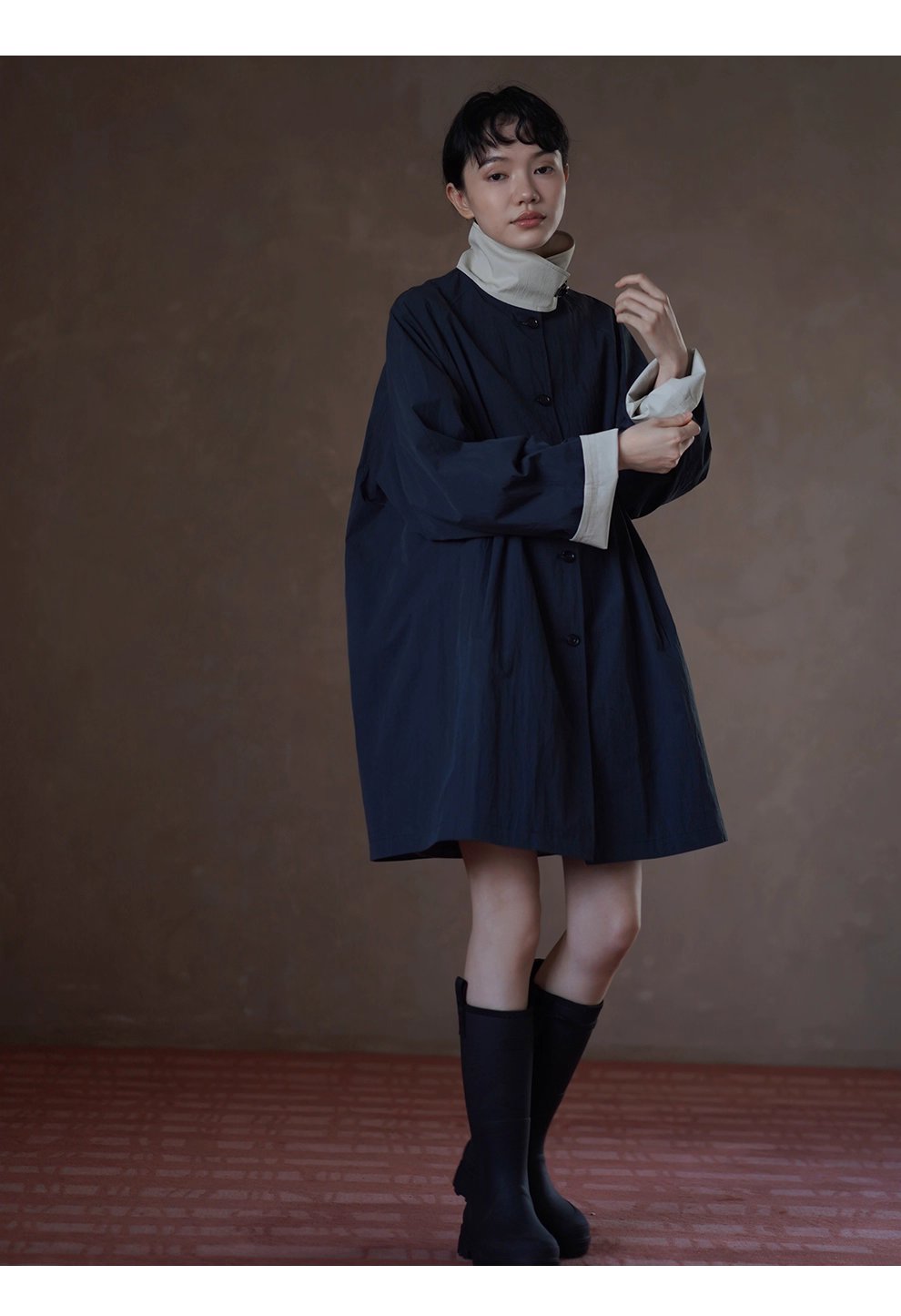 細節滿滿原創外套撞色拼接立領皮袢中長款寬鬆顯瘦風衣