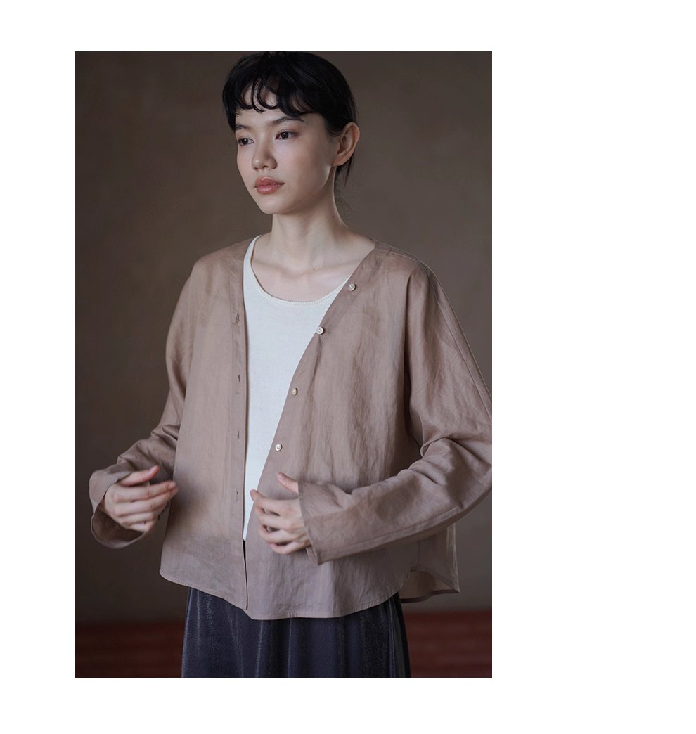 天然苧麻棉乾爽透氣肌理V領連肩袖薄顯瘦通勤長袖襯衫