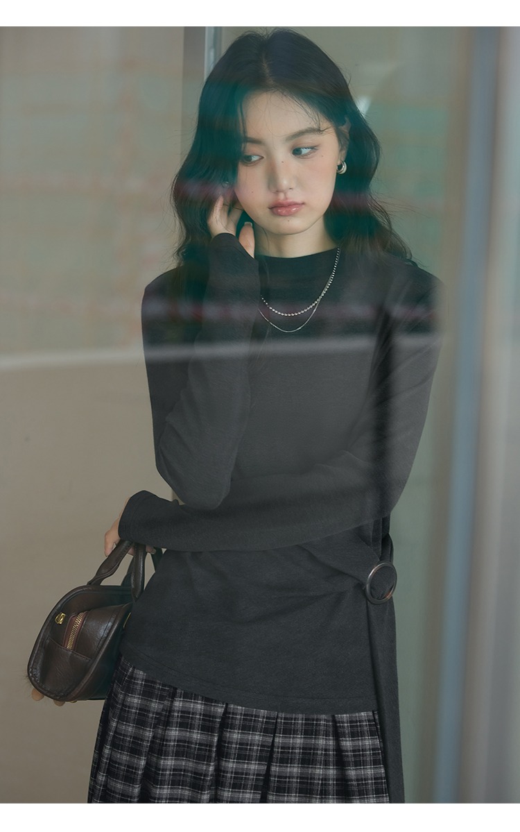 中大尺碼長袖T恤女飄帶上衣半高領打底衫上衣