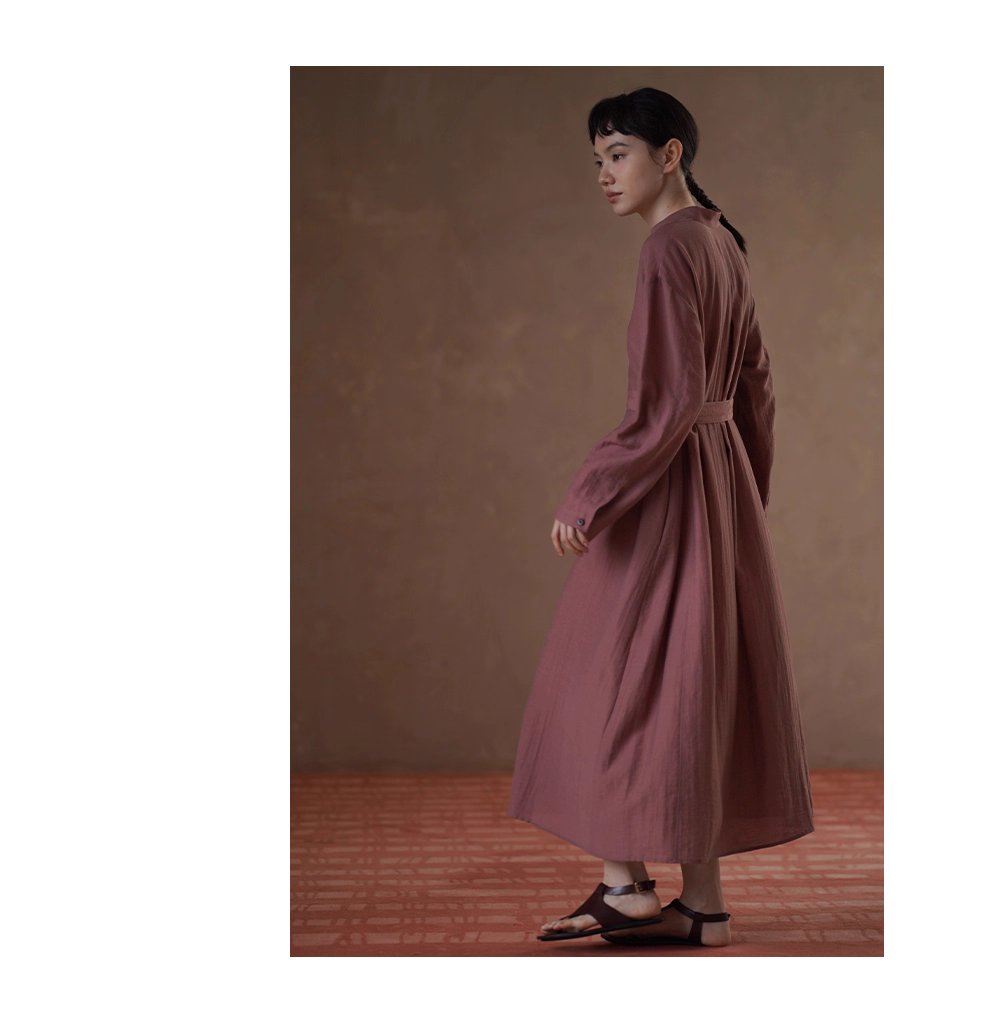 清雅芍藥顯白亞麻混紡透氣挺括顯瘦寬鬆立領襯衫洋裝