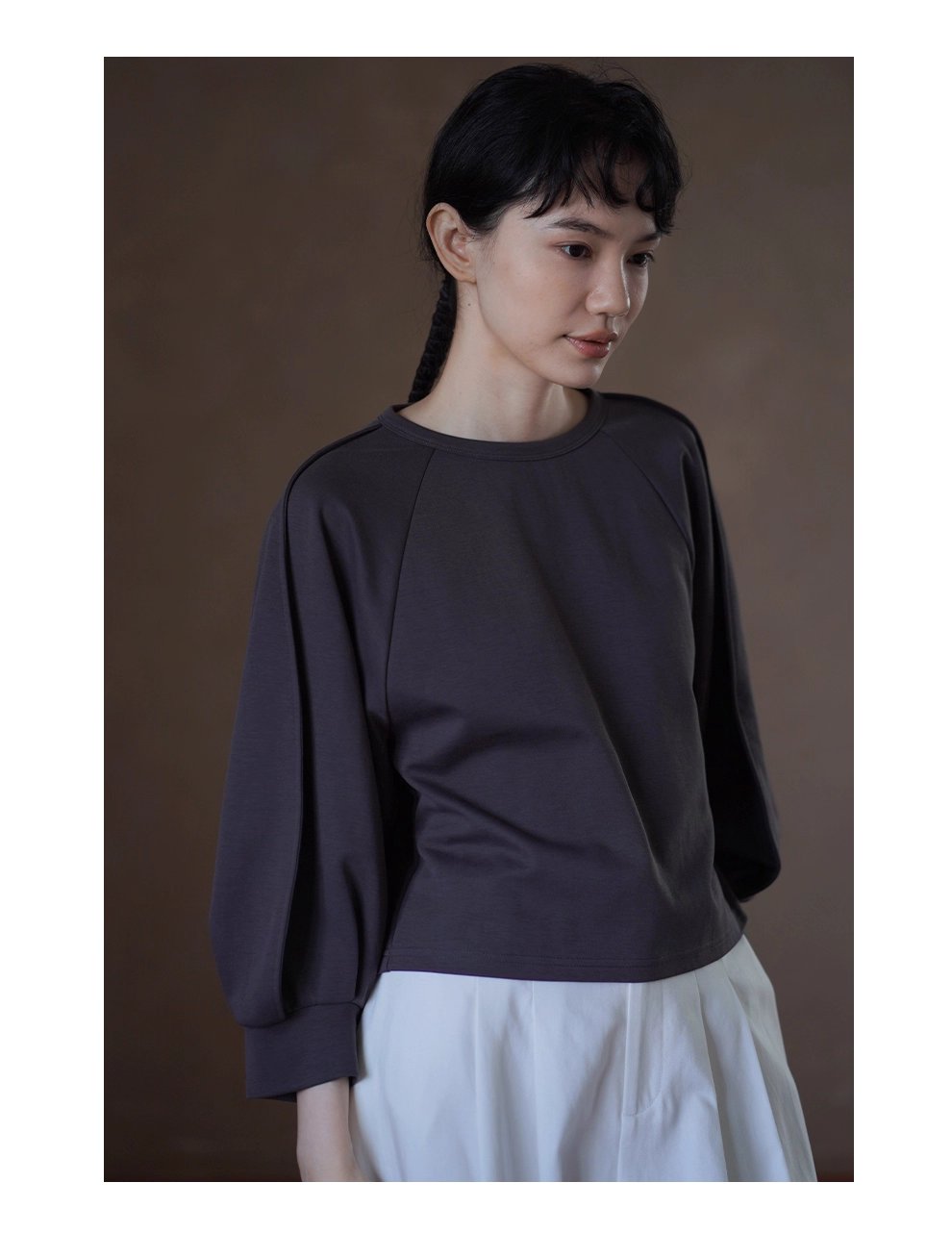 顯瘦遮肉輪廓立體燈籠剪裁插肩袖圓領上衣寬鬆休閒T恤女