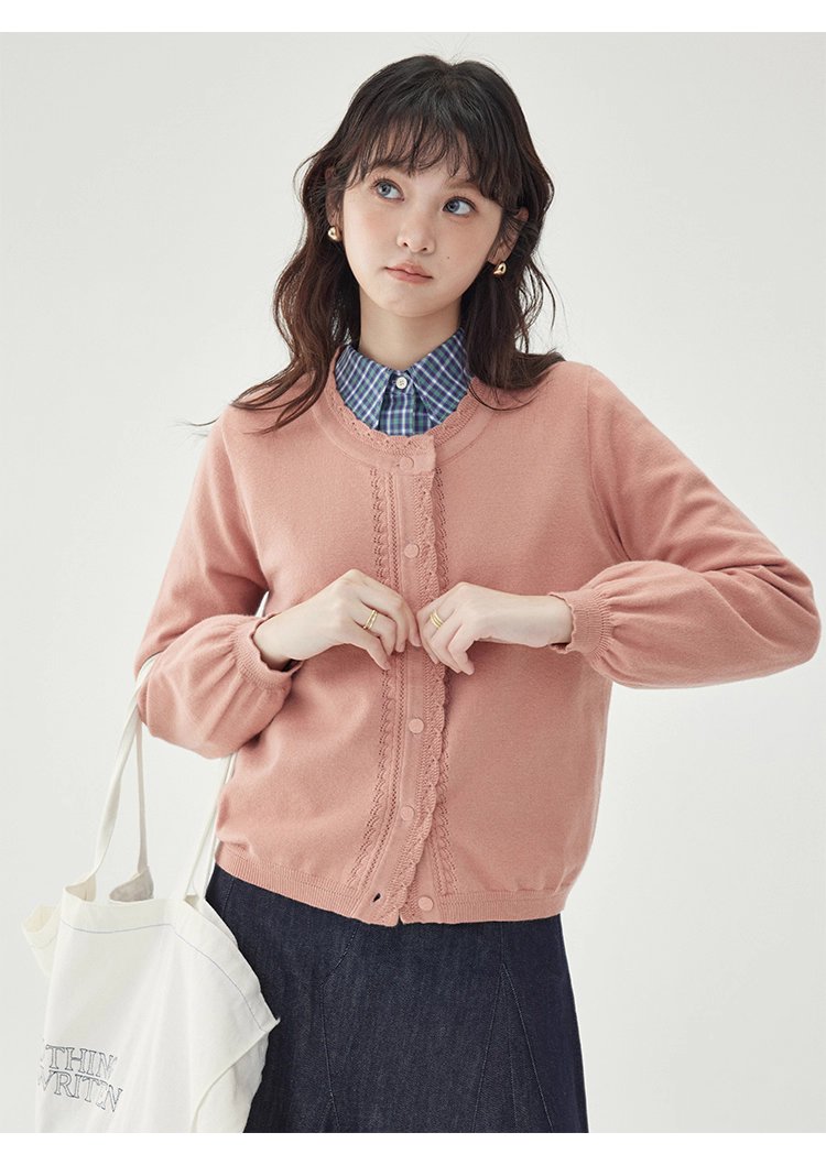 韓系提花圓領長袖針織衫女秋新款單排扣外套上衣