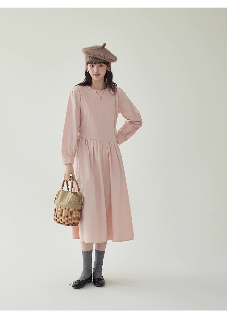 法式繫帶圓領粉紅洋裝女秋新款長袖a字中長裙