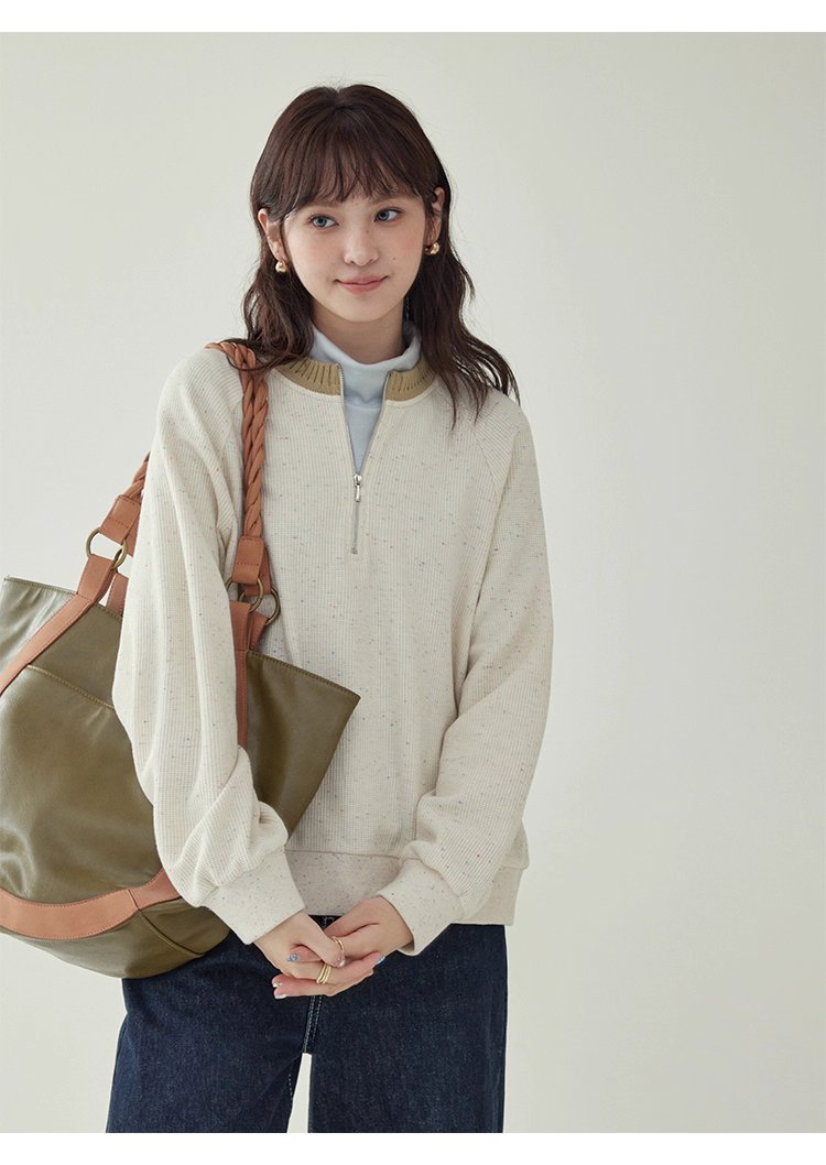 撞色彩點半開拉鍊衛衣T恤女秋季新款插肩袖上衣