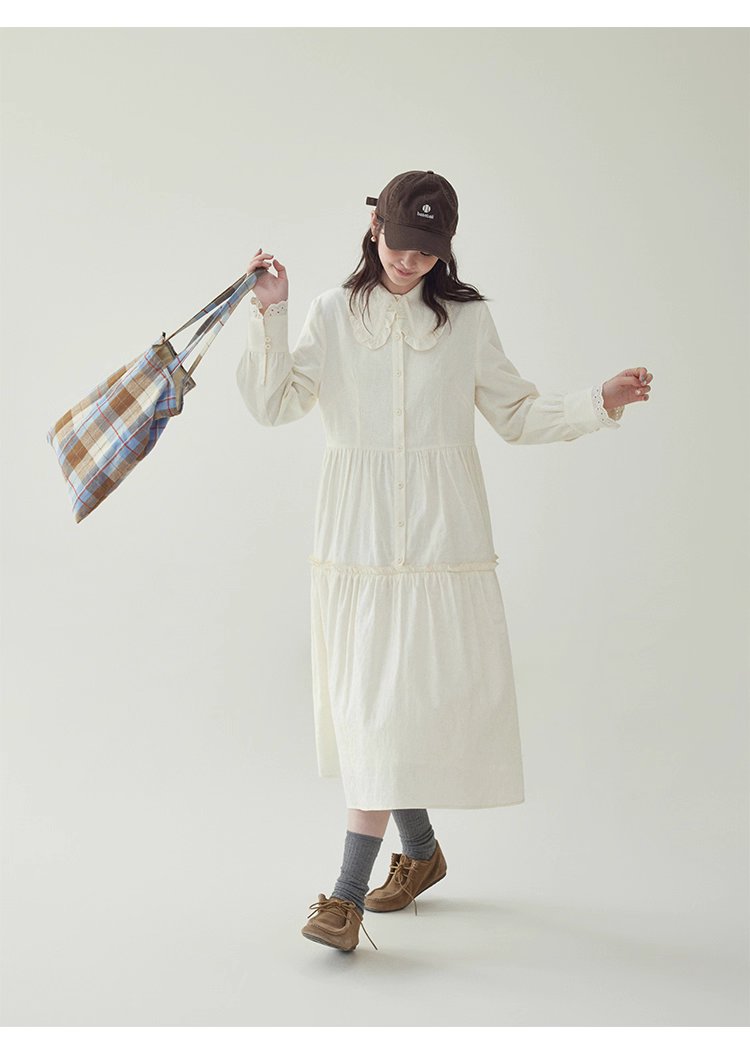 減齡純色花邊翻領洋裝女秋季新款中長娃娃裙