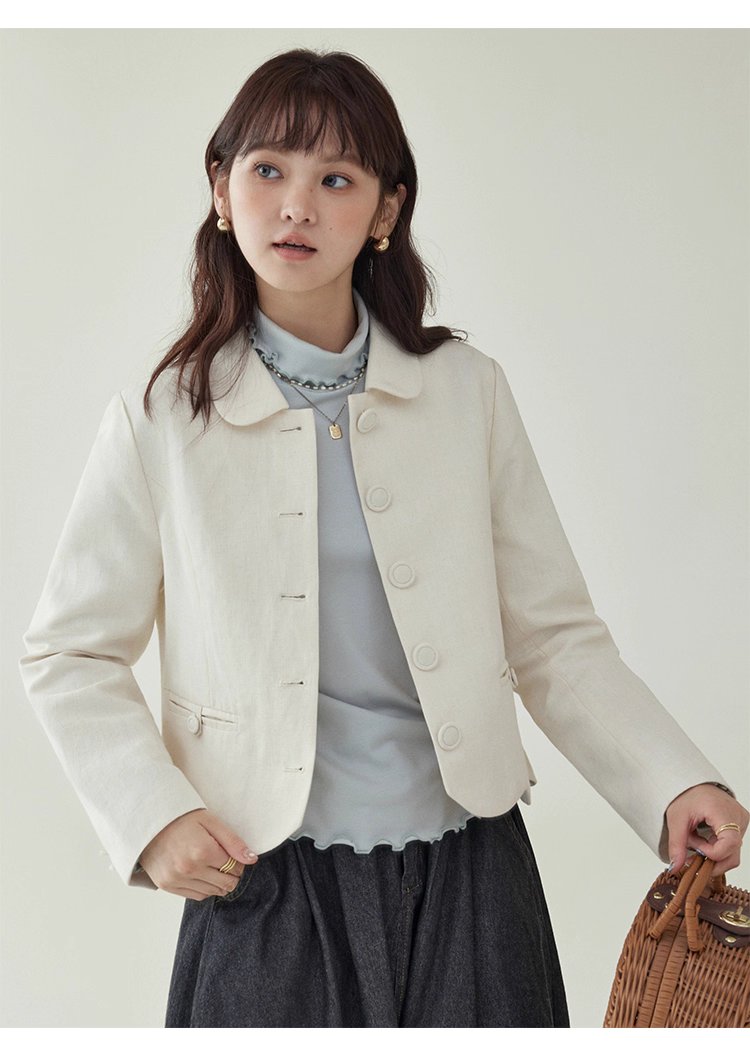 小香風純色單排扣短外套女秋新款波浪擺長袖上衣