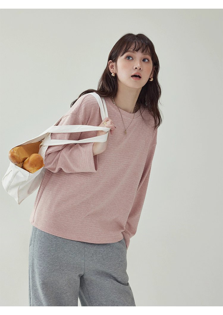 韓系藍線圓領長袖T恤女秋季新款簡約寬鬆上衣