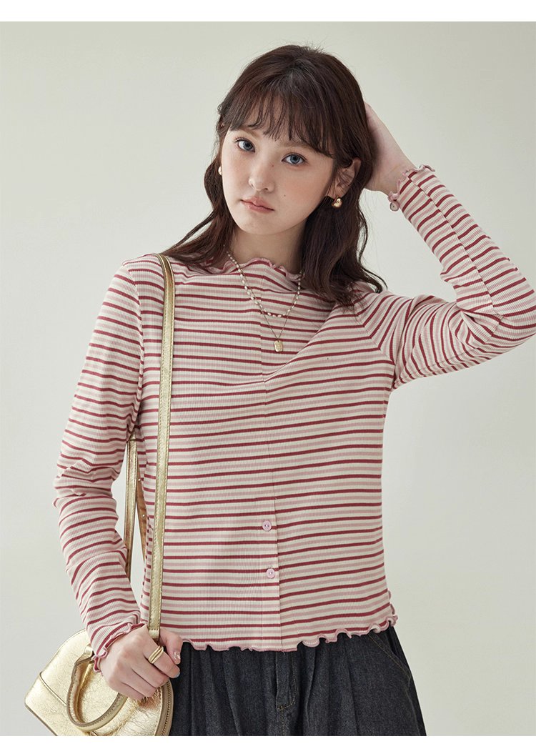 下擺扣條紋兩穿內搭T恤女秋新款花邊長袖上衣