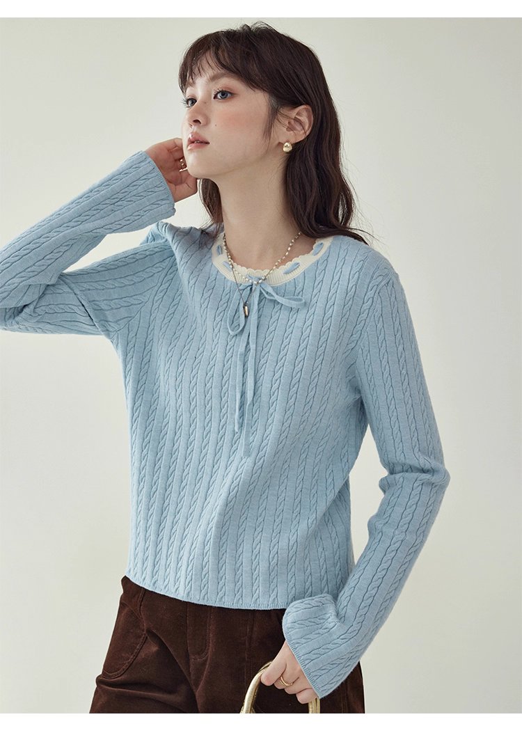 藍色綁帶圓領扭花針織衫女秋季新款百搭長袖上衣