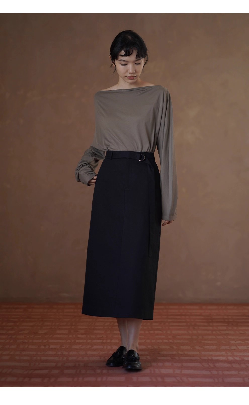 挺括立體棉感直筒高腰通勤顯瘦遮肉可調式腰帶半身裙女