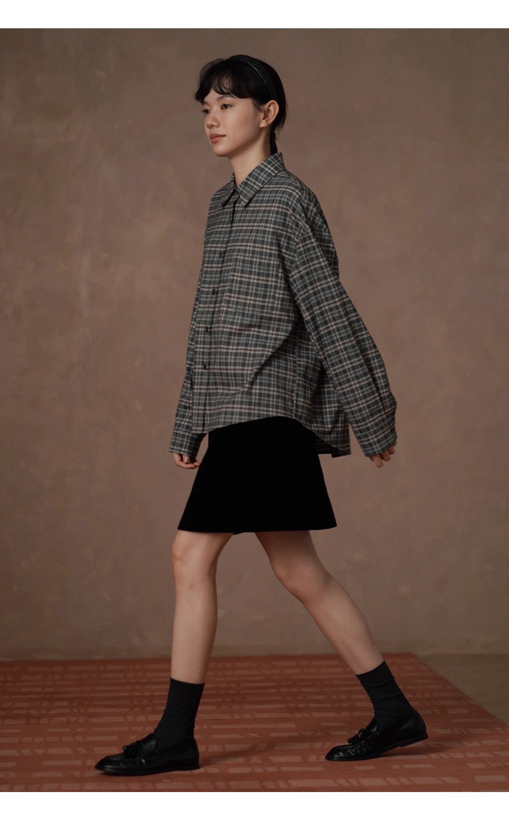 馬德拉斯復古格紋襯衫落肩寬鬆英倫疊穿學院翻領上衣女