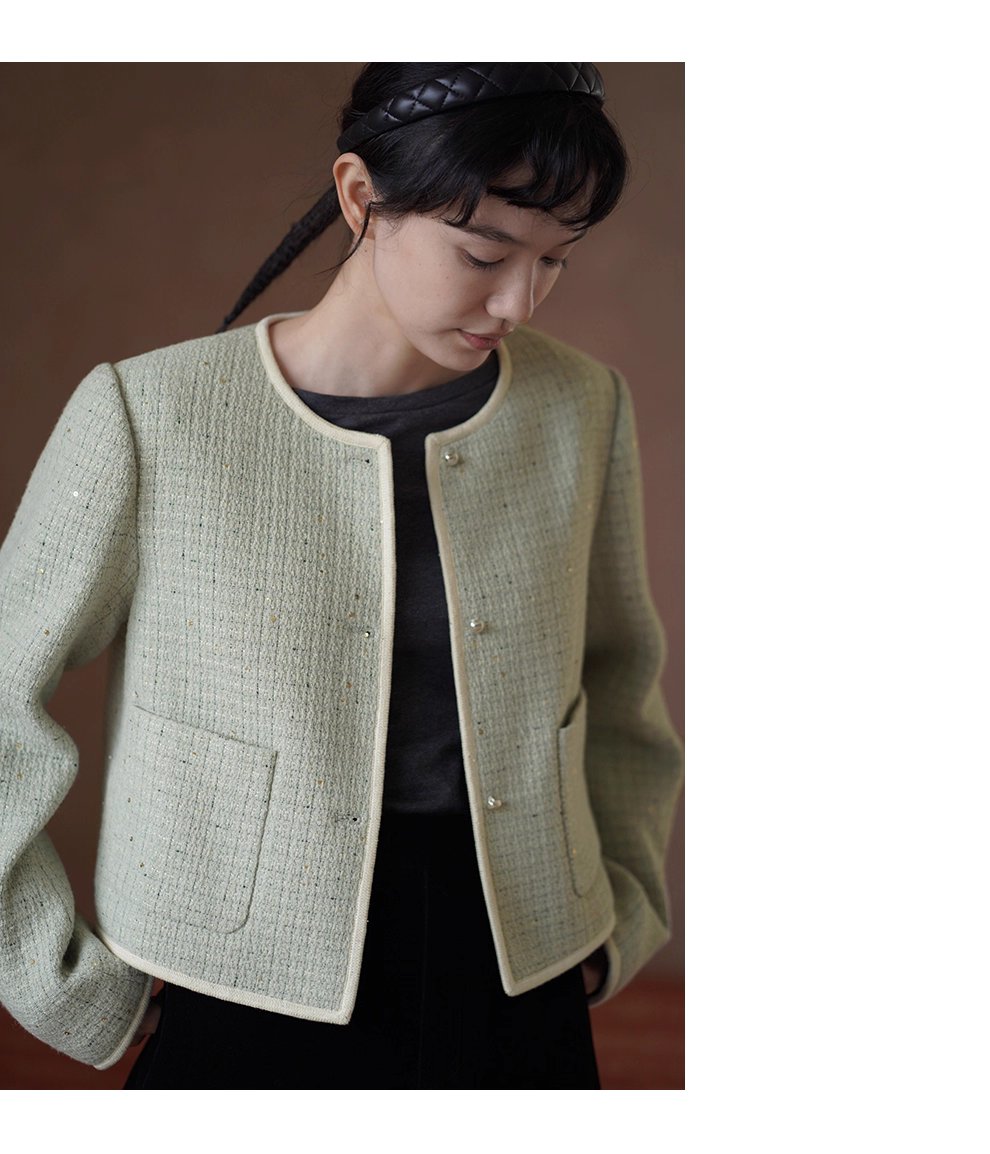 茉莉花紗編織小香羊毛混紡肌理感通勤顯瘦短版西裝外套