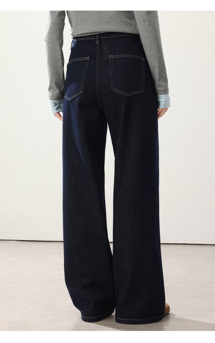 高腰直筒牛仔褲胖mm顯瘦深藍色寬褲