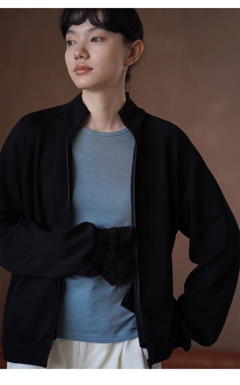 軟糯空氣層垂感寬鬆顯瘦休閒立領外套小眾打攬袖口衛衣