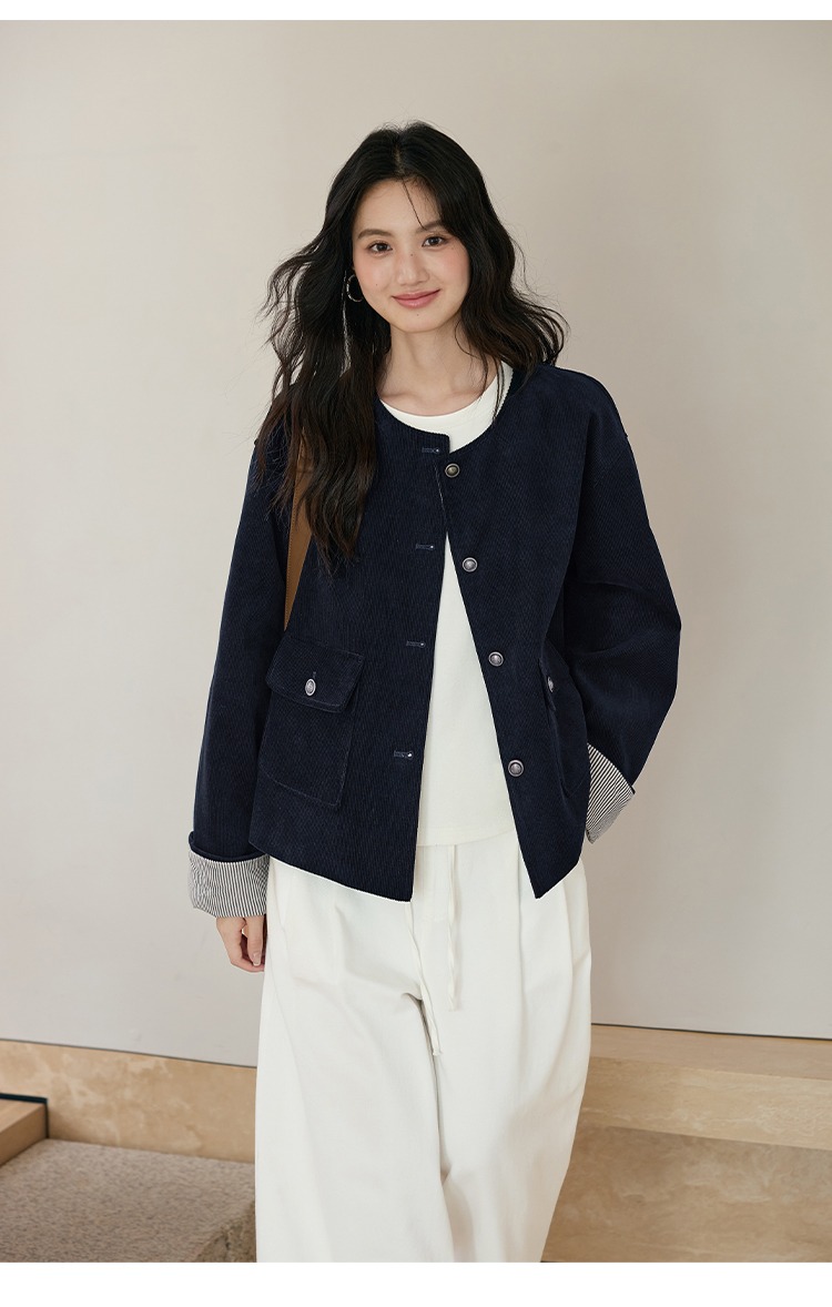 胖mm大尺碼燈芯絨外套韓系穿搭深藍色開衫外套