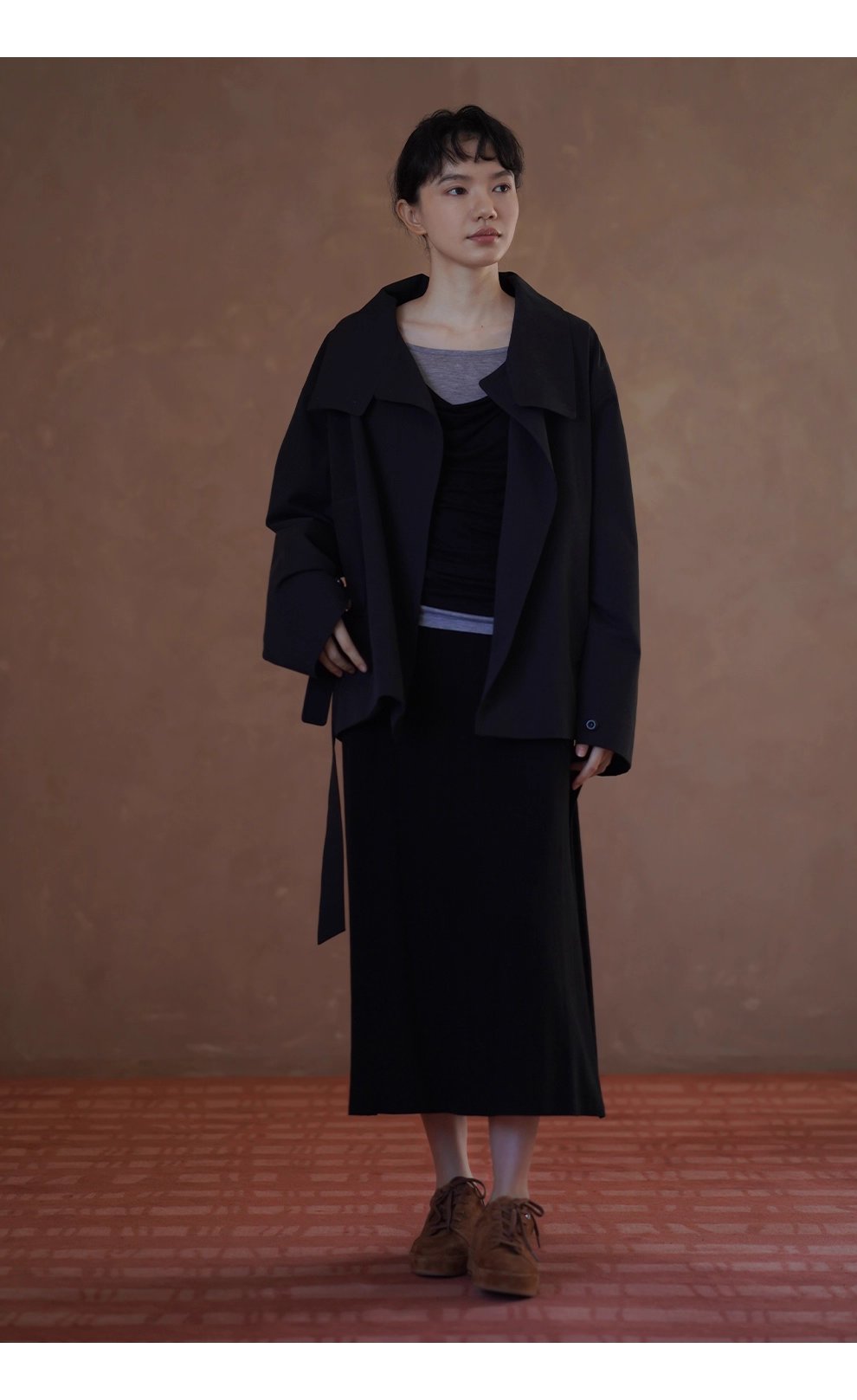 100棉細斜紋挺括水洗廓形立領寬鬆一手長顯瘦風衣外套女