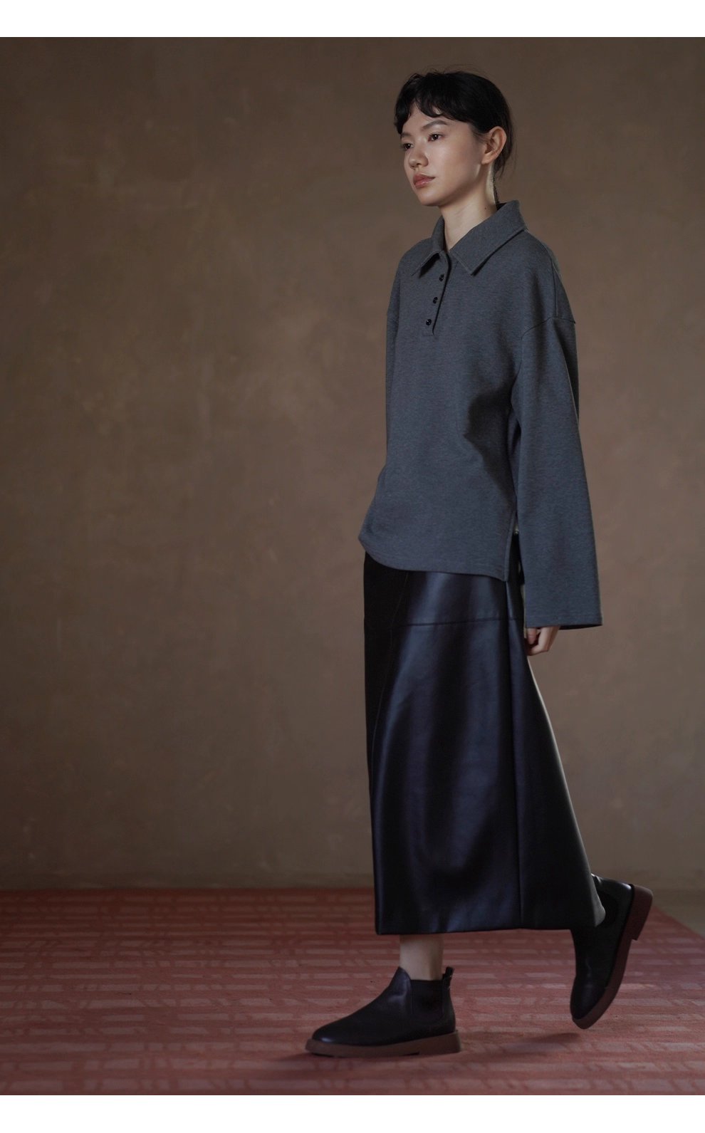 復古經典休閒碰撞Polo領寬鬆顯瘦100棉做舊花灰落肩衛衣