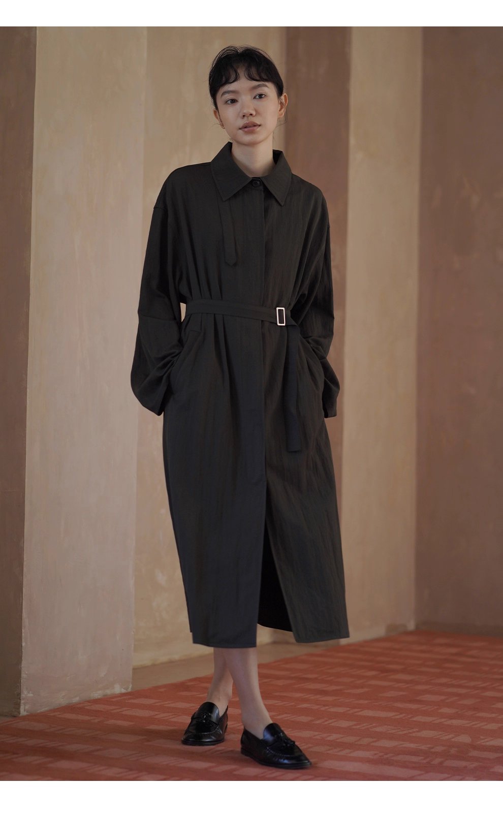 晚潮綠波風衣洋裝微皺肌理感寬鬆腰帶顯瘦通勤外套女