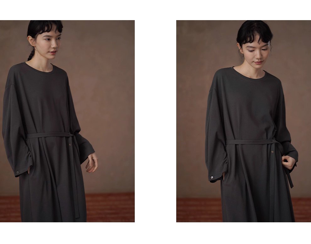 綿柔禪意100棉寬鬆直筒圓領可調式腰帶顯瘦藏肉通勤裙子