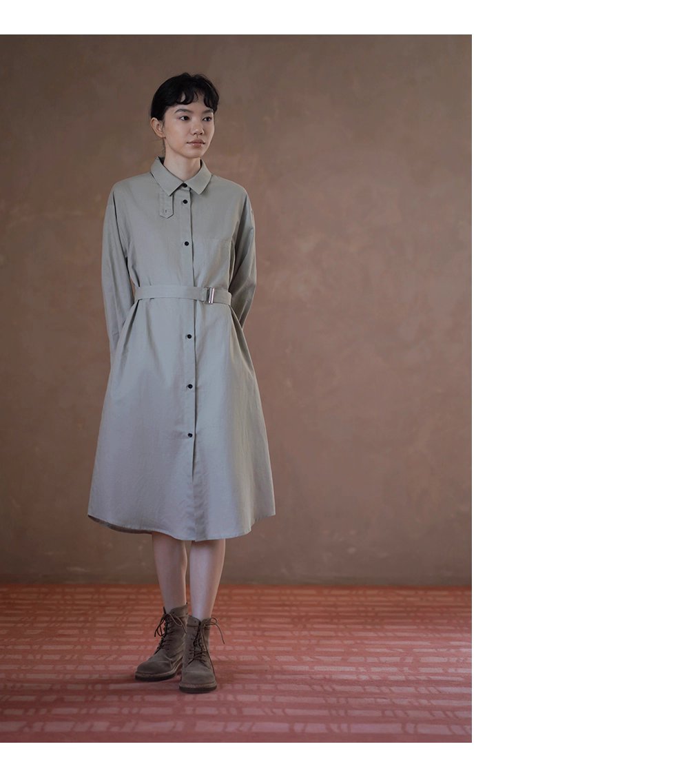 日常友善清透亞麻棉混紡襯衫領寬鬆H版型腰帶通勤洋裝