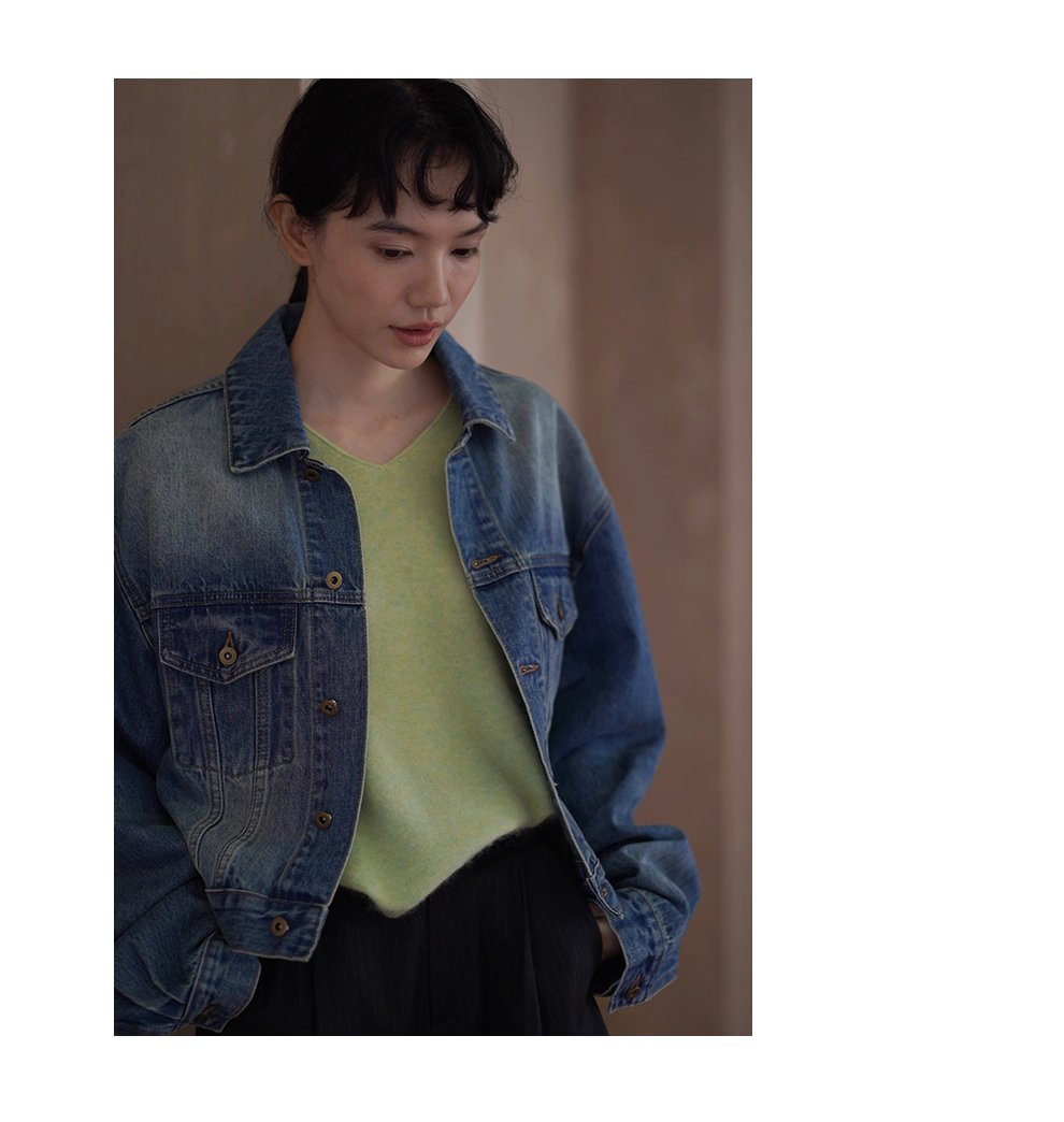 重回80年復古磨白柔軟水洗高克重長絨棉寬鬆牛仔外套女