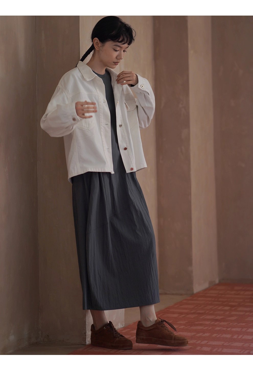 無負擔慵懶洋裝微皺肌理感寬鬆顯瘦廓形圓領通勤裙子